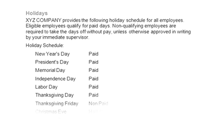 Employee Paid Holiday Policy